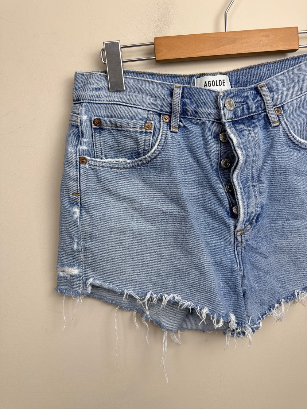 Agolde Parker distressed blue Jean shorts 25 - Picture 8 of 14